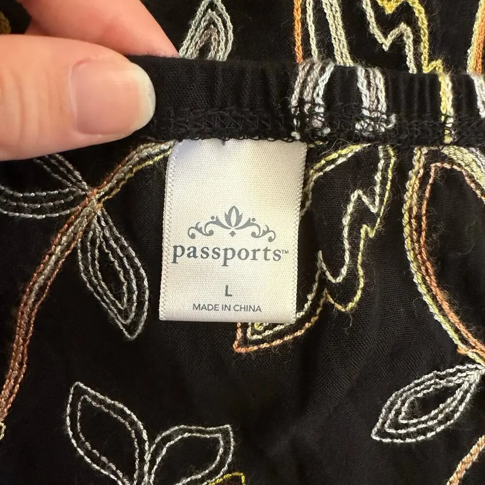 Passports black boho floral embroidery skirt L elastic waist artsy‎ mini